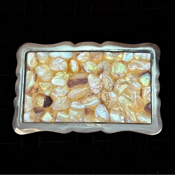 Vintage weighted, abalone mother of pearl shell, Silvertone 3”x2” belt buckle main image 10